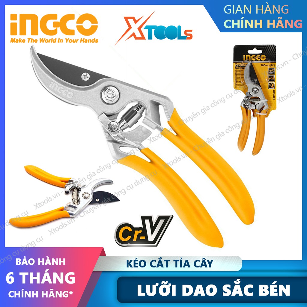 Kéo cắt tỉa cây INGCO HPS0109 8" kéo cắt cành, tỉa cây cảnh, cây ăn trái, tỉa lá chuyên dụng, làm vườn có trợ lực lò xo