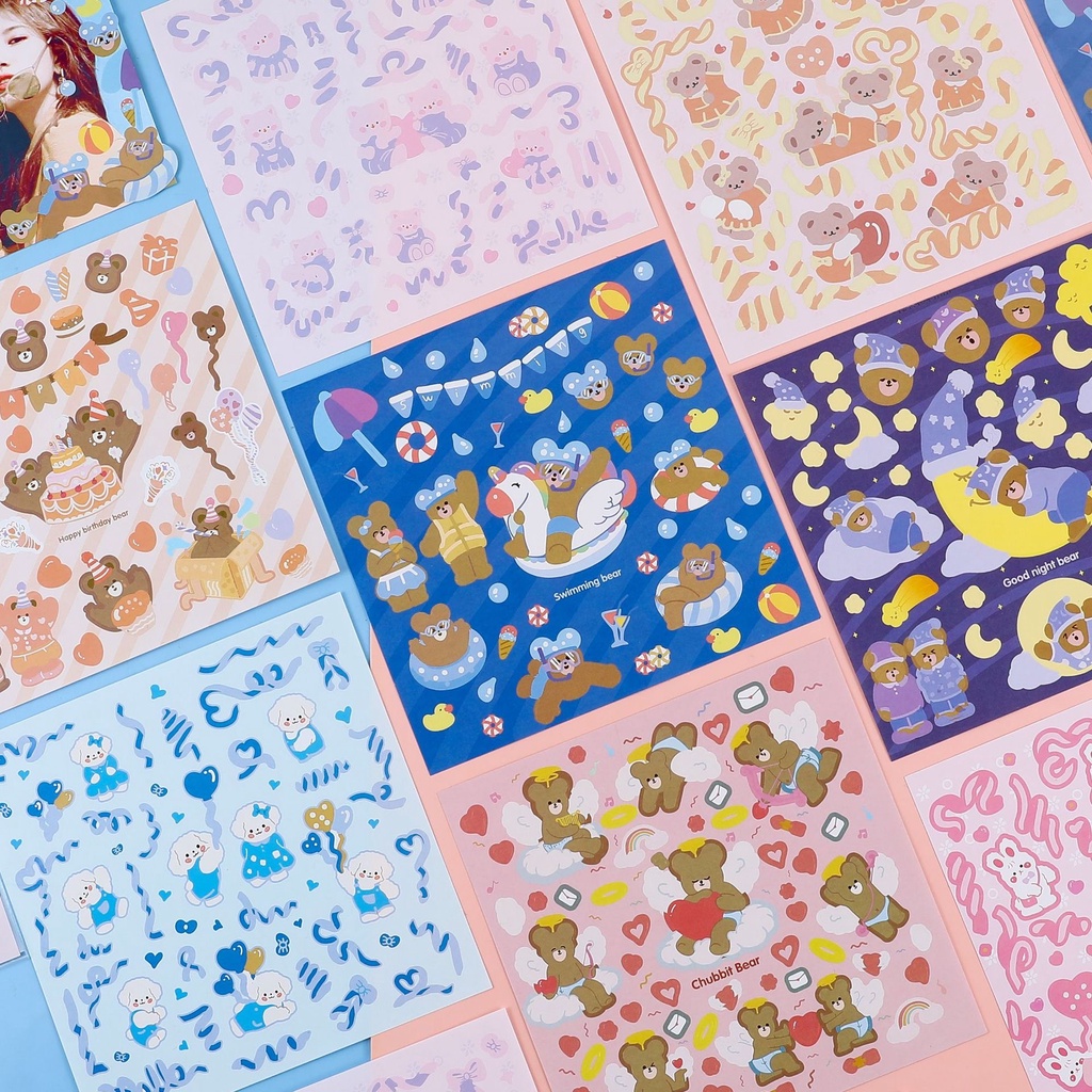 Sticker Gấu ngủ, gấu ruy băng loại vuông trang trí sổ, toploader