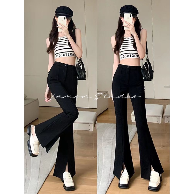 Lemon studio Quần Dài Xẻ Tà Phía Trước Màu Đen Thời Trang Cho Nữ 90084