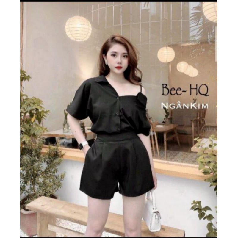 Set đùi áo sơ mi 1 dây lệch vai có ảnh thật (còn trắng)