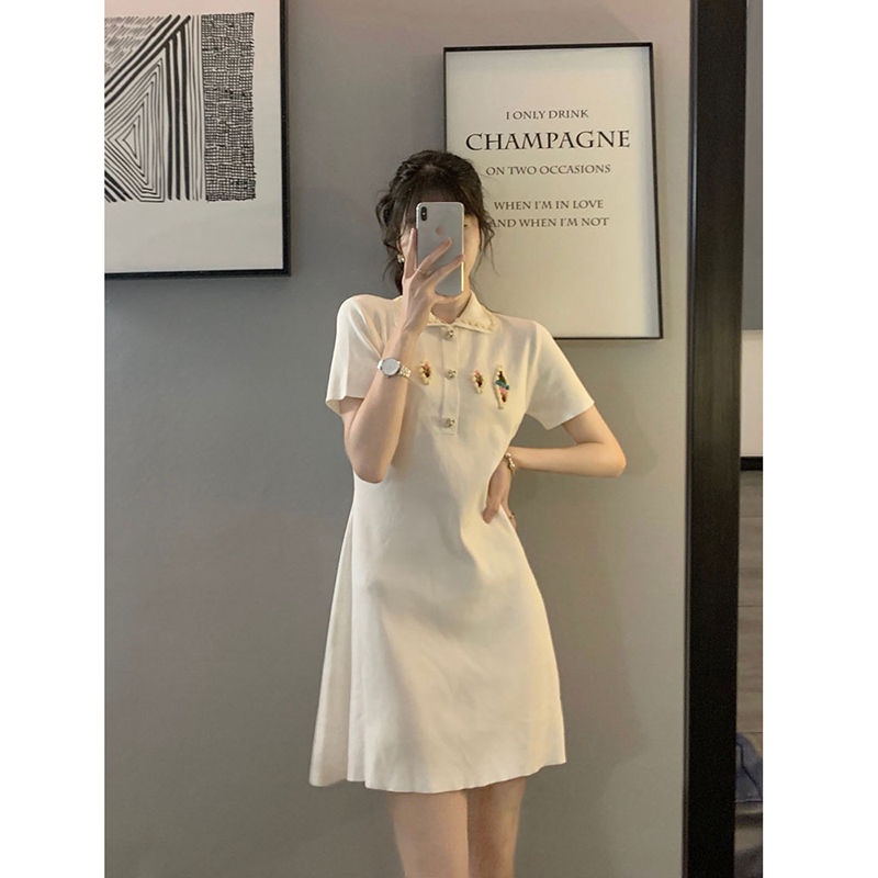 Chic design advanced vintage heavy industry light luxury polo collar knitted jumpsuit dress 2022 women's summer bgSO