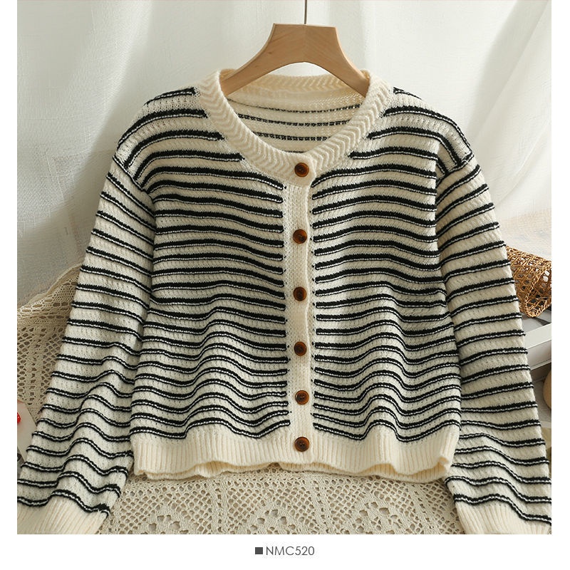 Áo Khoác Sweater Dệt Kim Mỏng Một Hàng Nút Cài Cổ Tròn Tay Dài Kẻ Sọc Thời Trang Mùa Thu Mới Cho Nữ