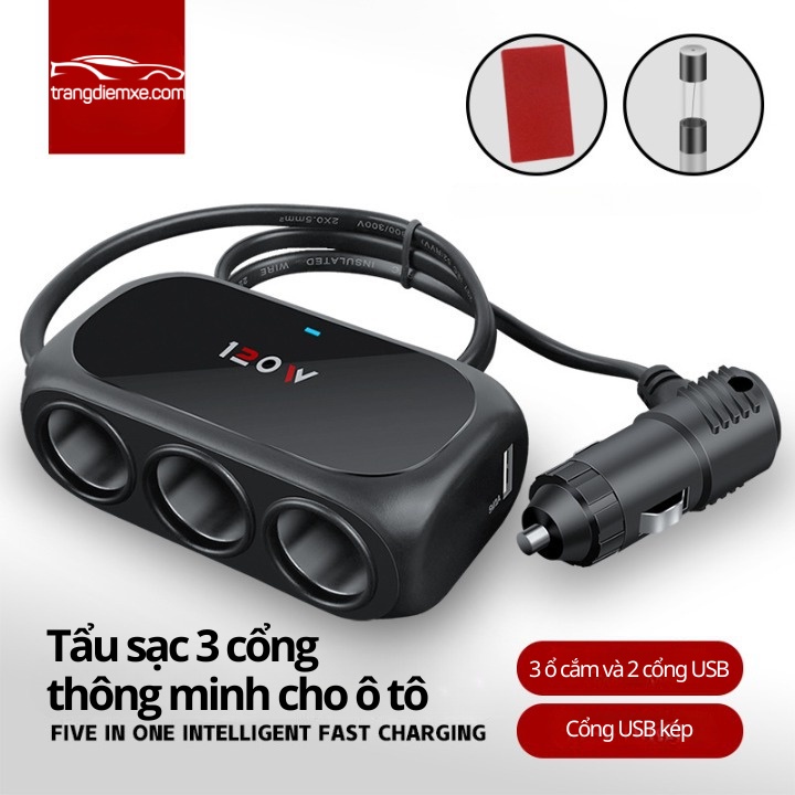 Bộ Chia Tẩu Sạc Ô Tô By-283 /120w 3 Cổng Kèm 2 Cổng Usb Tẩu Chia Sạc Ô Tô Trangdiemxe 3