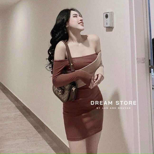 Đầm body hở vai phối ống tay be trông sang chảnh quý phái luôn 2 màu đen và nâu đất cho tình yêu đi tiệc dạo phố nè