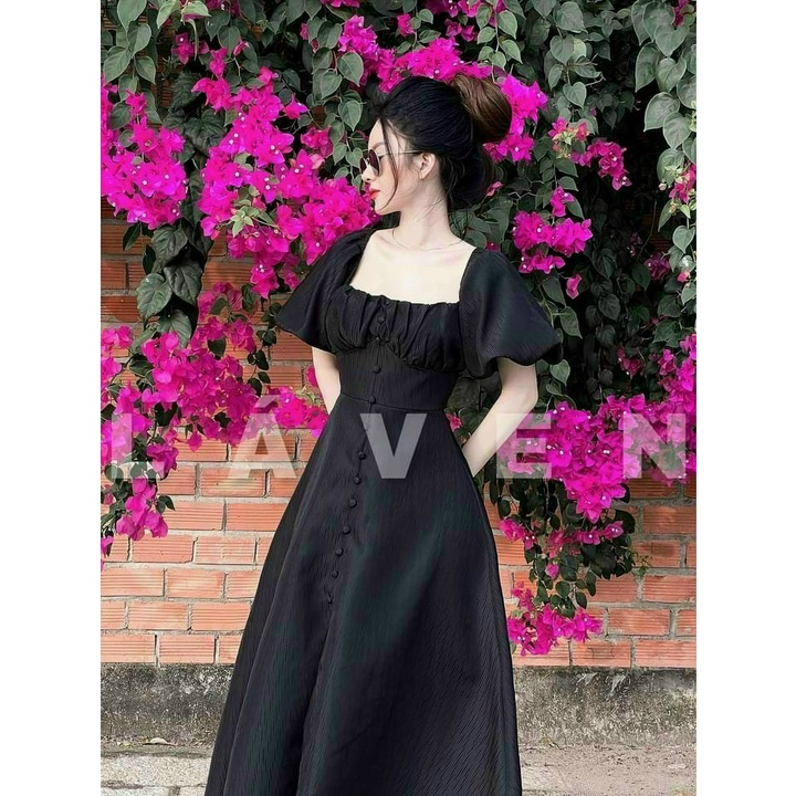 (Miễn Phí Ship) Đầm nữ dáng dài,đầm thiết kế cổ vuông tay phồng nút bọc xinh xắn,chất lụa mềm mát có mút