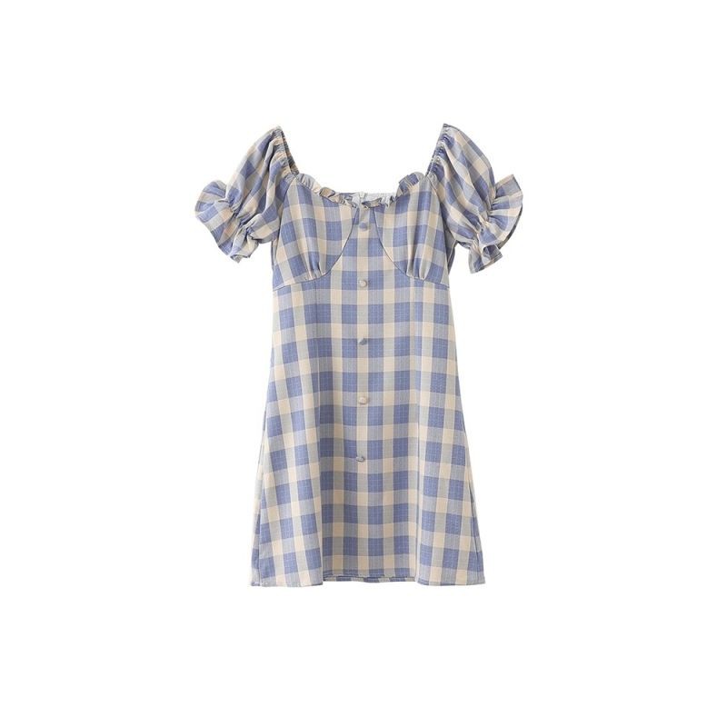 Đầm Trễ Vai Tay Phồng Họa Tiết Ca Rô Thời Trang Dành Cho Nữ | BigBuy360 - bigbuy360.vn