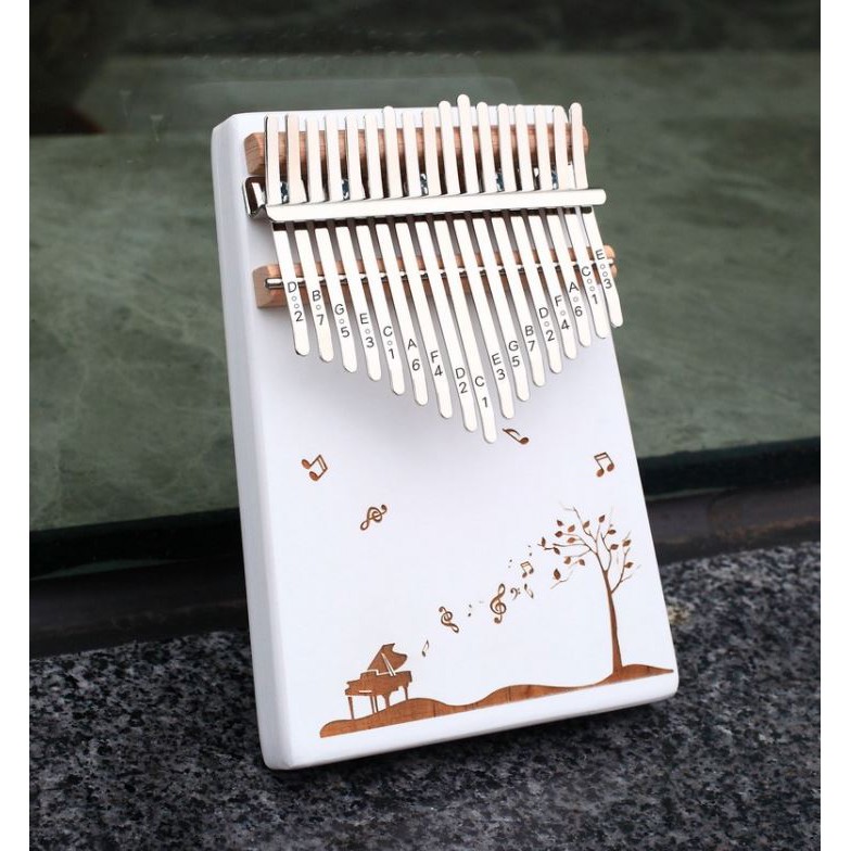 Đàn Kalimba gỗ 17 Phím Sơn Trắng Đen Khắc Hình, Âm Sắc Rõ Ràng, Không Tịt Phím, Đầy Đủ Phụ Kiện