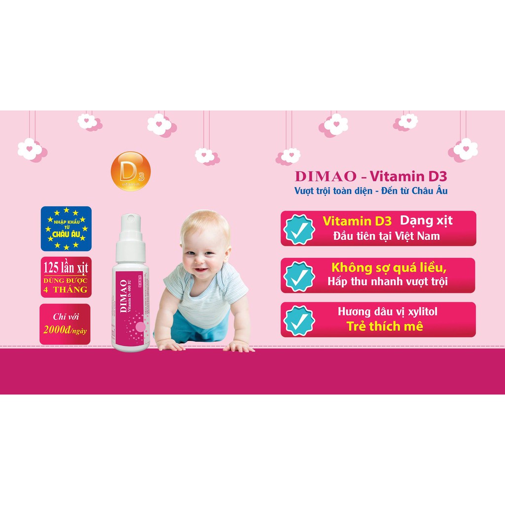 Dimao - Vitamin D3 Dạng Xịt 400IU, Hàng Nhập Khẩu Châu Âu, Hương Dâu, Hiệu Quả Và Hấp Thu Tốt (mẫu mới)