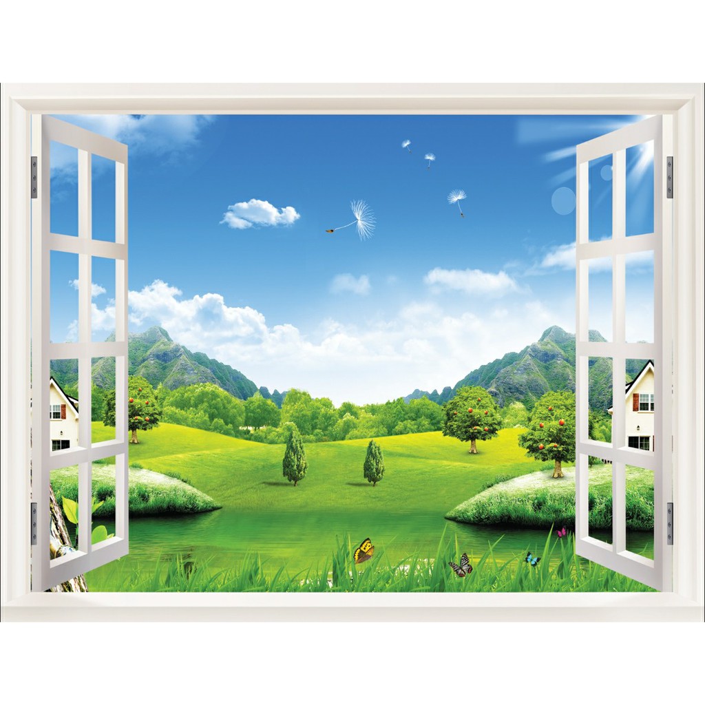 Decal tranh dán tường 3d khung cửa sổ phong cảnh trang trí phòng khách chất liệu decal pp keo sẵn bóc dán atk23