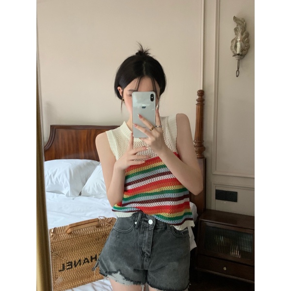 Áo Dệt Kim Sát Nách Dáng Rộng Họa Tiết Kẻ Sọc Thời Trang Mùa Hè Cho Nữ