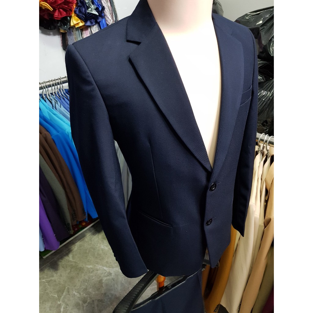 Bộ vest nam màu xanh đen đậm chất vải dày mịn tặng cà vạt sọc và kẹp