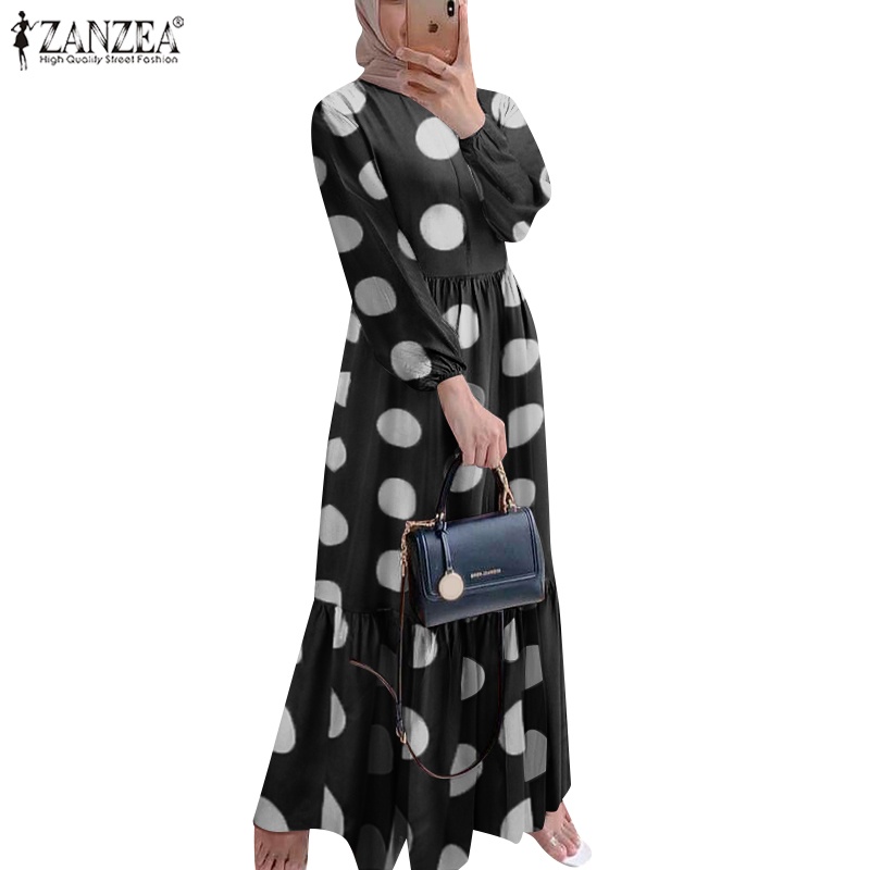 Zanzea Đầm Tay Dài Xếp Tầng Họa Tiết Chấm Bi Phong Cách Retro Thanh Lịch Dành Cho Phụ Nữ Hồi Giáo