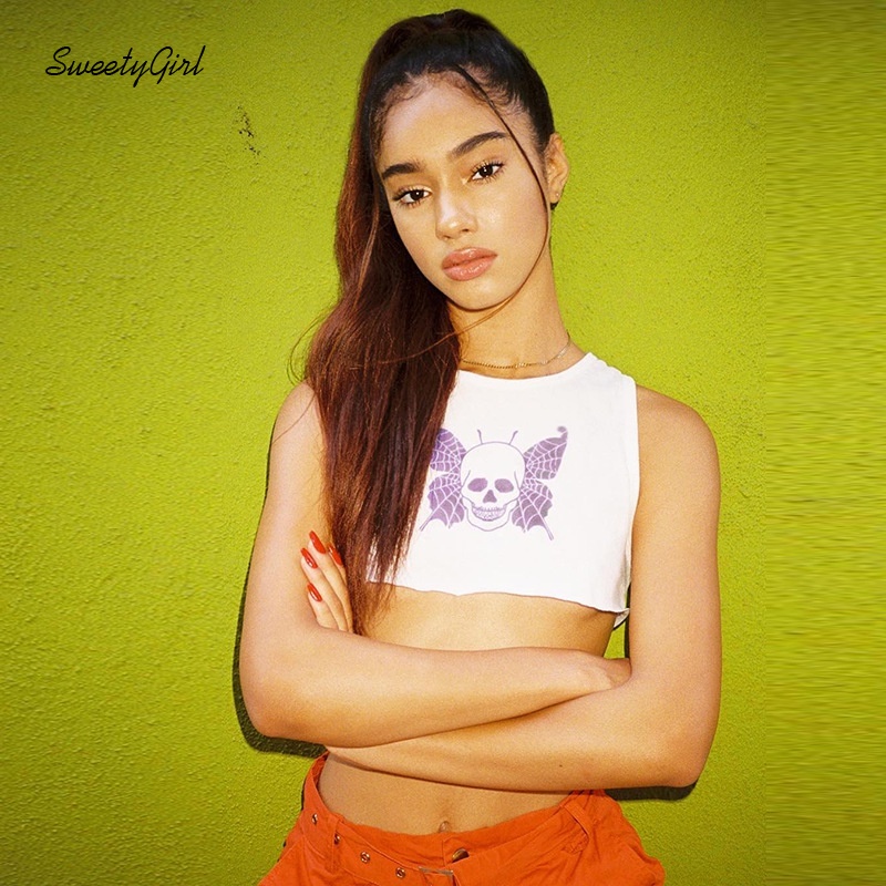 Áo Tank Top Cổ Tròn In Họa Tiết Đầu Lâu Phong Cách Punk Thời Trang Cho Nữ
