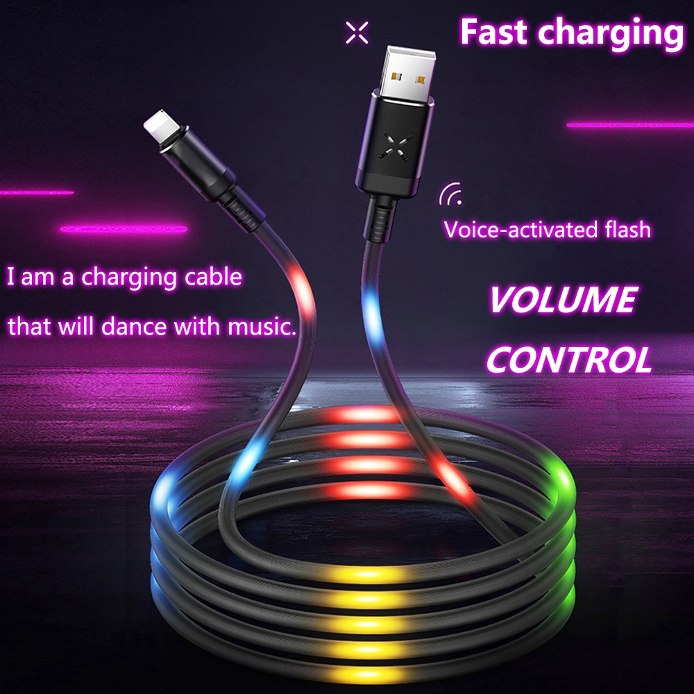 Cáp Sạc LED Sound Control Flash Micro USB Lightning Type C Music Fast Charging Cable