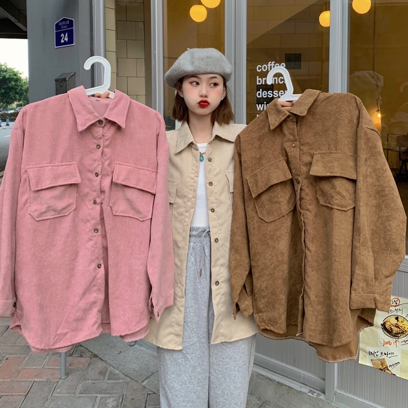 Áo Khoác Nhung Kẻ Dáng Rộng Phong Cách Retro Hàn Quốc Thời Trang Mùa Thu Dành Cho Nữ