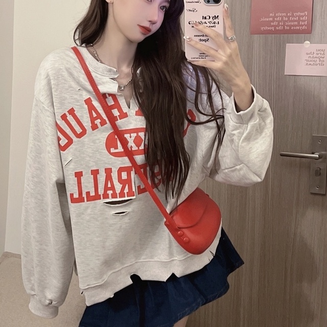 ZHELIHANGFEI Áo Thun Tay Dài Dáng Rộng Thiết Kế Rách Cá Tính Hợp Thời Trang