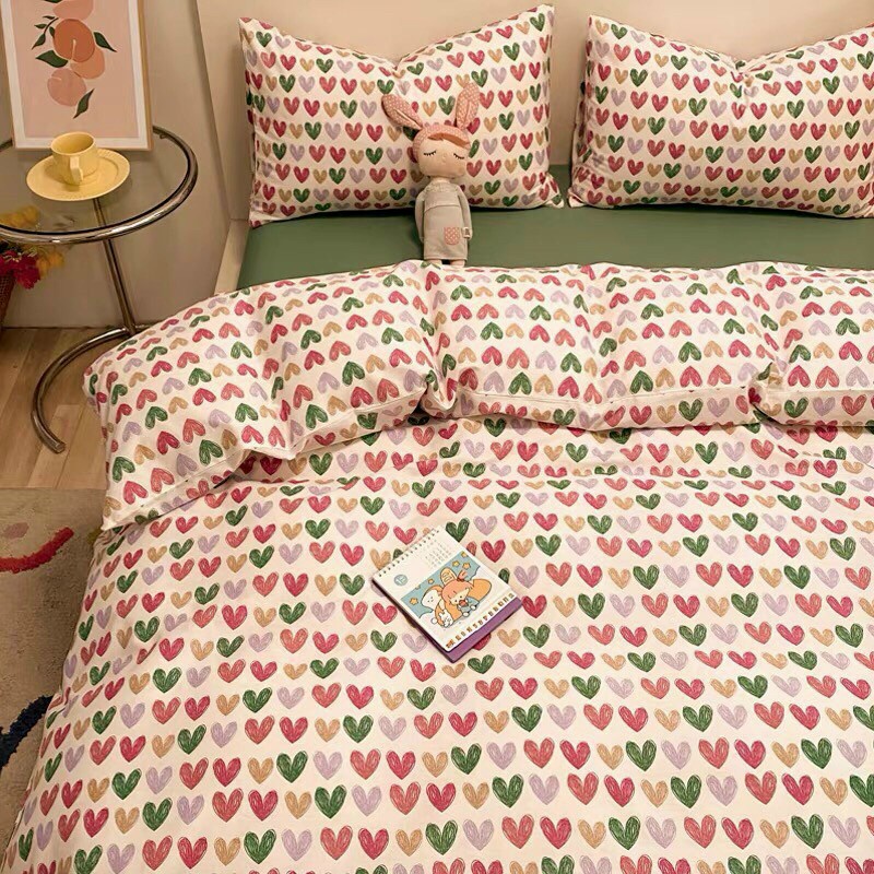 Bộ chăn ga gối poly cotton HQ mưa tim sắc màu nhập khẩu cao cấp - Bo chun ga miễn phí