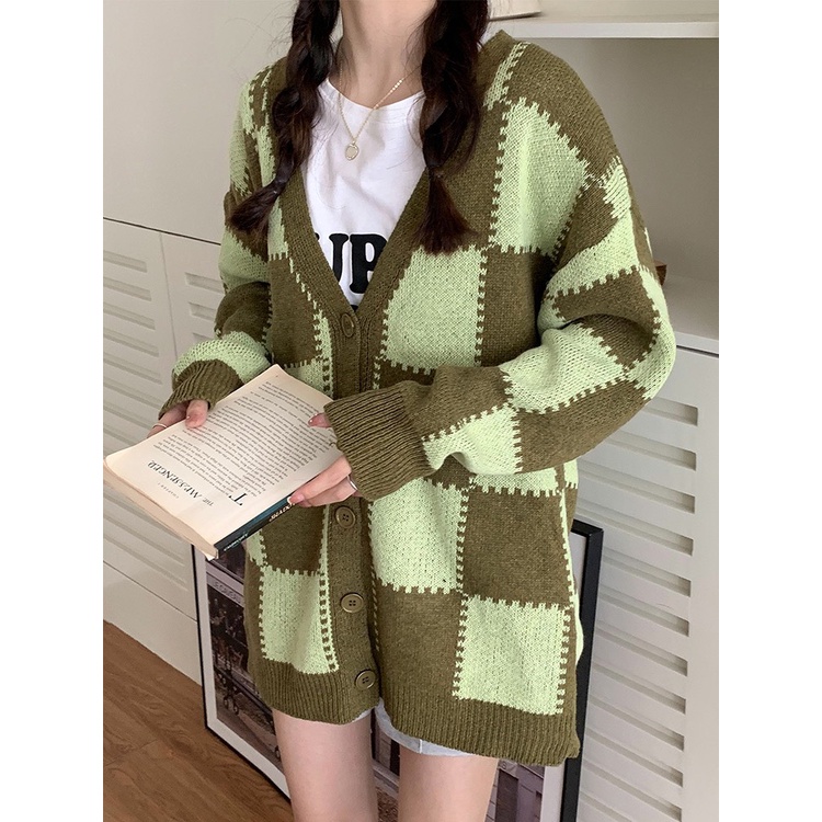 Áo Khoác Cardigan Len Hồng Họa Tiết Ô Vuông Thời Trang Hàn Quốc , Áo cardigan dáng rộng GUM OFFICIAL