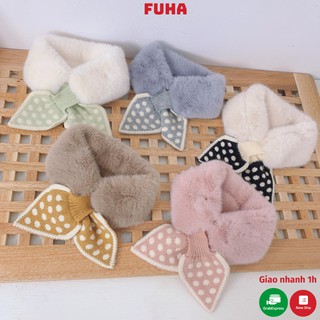 [HÀNG QUẢNG CHÂU] Khăn lông quàng cổ cài nơ chấm bi cho bé gái FUHA, khăn choàng cổ cho bé giữ ấm mùa đông
