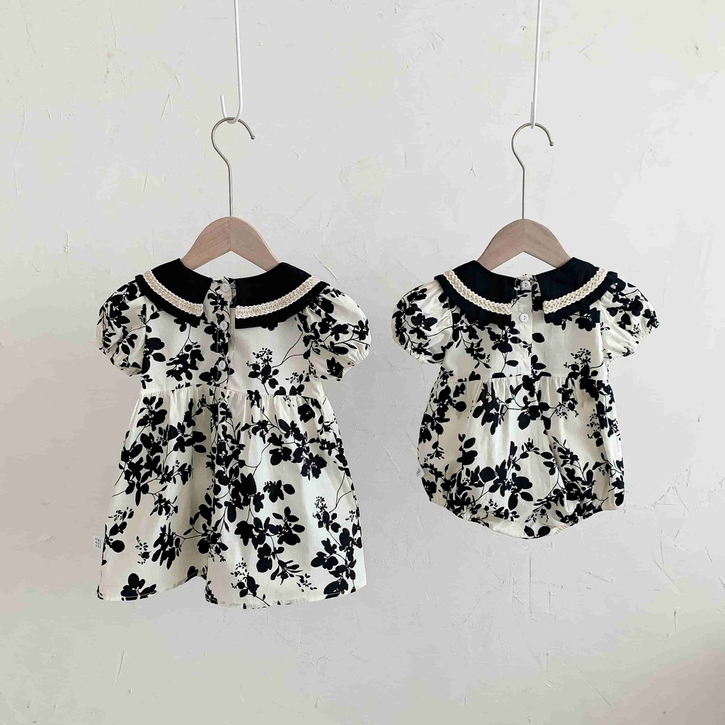 Bộ Đầm Liền Quần In Hoa Màu Đen Dành Cho Bé Gái 0-6 Tuổi