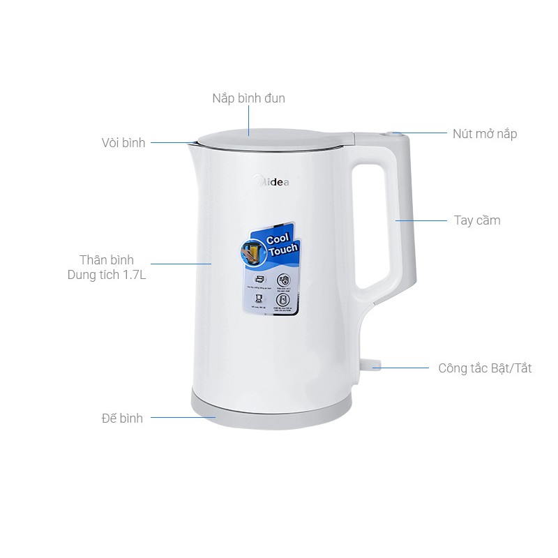 Bình siêu tốc cao cấp - 1.7 lít Midea MK-17DW - Bảo hành 12 tháng