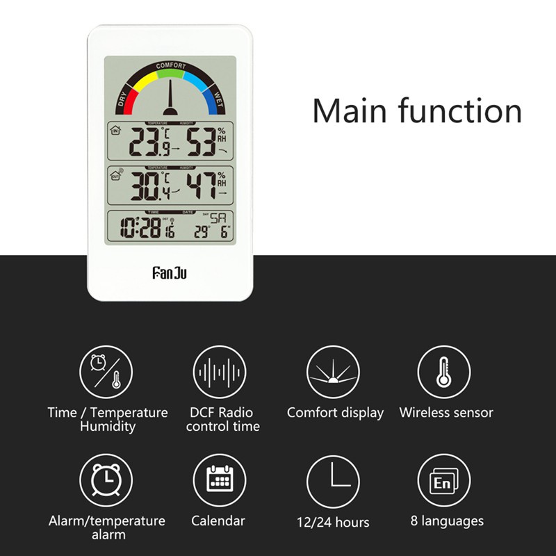 Đồng Hồ Điện Tử Đo Độ Ẩm Thời Tiết Fanju Màu Đen