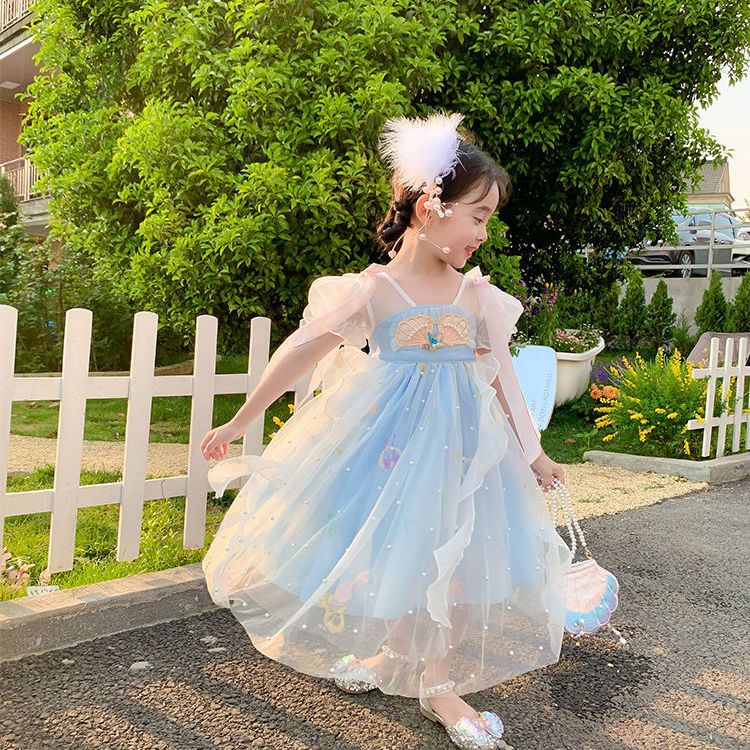 Đầm Hán Phục Tay Ngắn Phối Lưới Thêu Họa Tiết Thời Trang Mùa Hè 2022 Mới Phong Cách Trung Hoa Cho Bé Gái