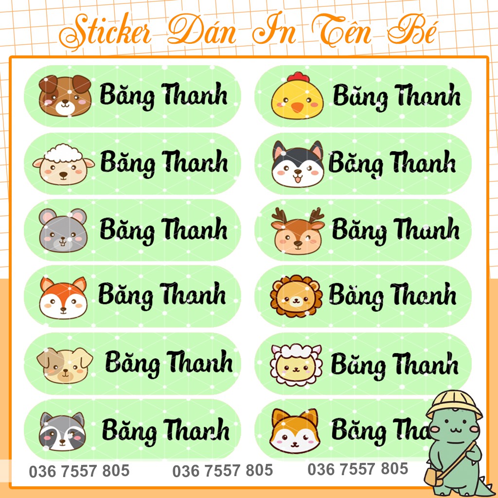 Hình Dán In Tên Bé - 96 nhãn dán - thiết kế theo yêu cầu - mẫu 12 hình - Tem dán - Nhãn dán đồ dùng học tập cho bé