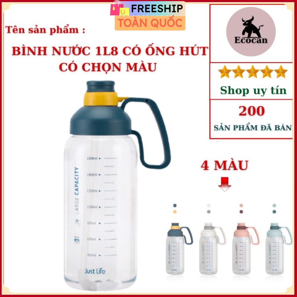 Bình nước 1800 ml có tay cầm Tặng kèm ống hút ❤️RẺ VÔ ĐỊCH❤️ Bình nước 1 lít 8 siêu to khổng lồ . .