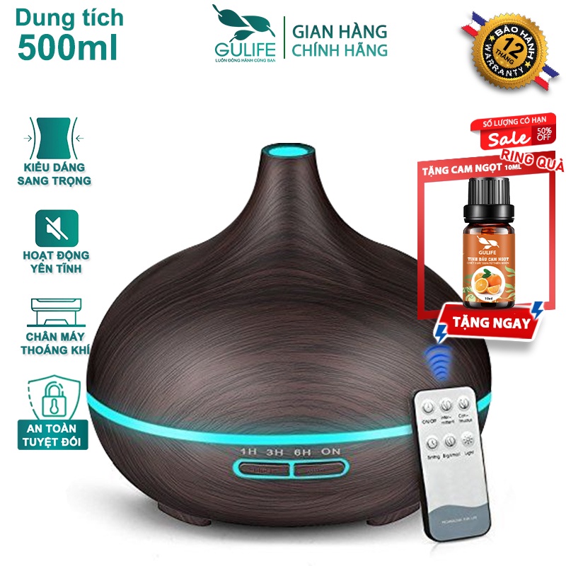 Máy Xông Tinh Dầu Hồ Lô 550ml GULIFE - MKT38, Kèm Quà Tặng + Remote, Cân Bằng Độ Ẩm &amp; Làm Thơm Phòng  – BH 12 Tháng