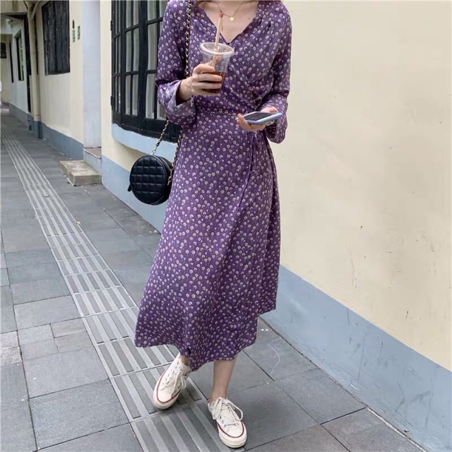 Váy hoa nhí tím dài dáng dài, ngắn tay, dài tay