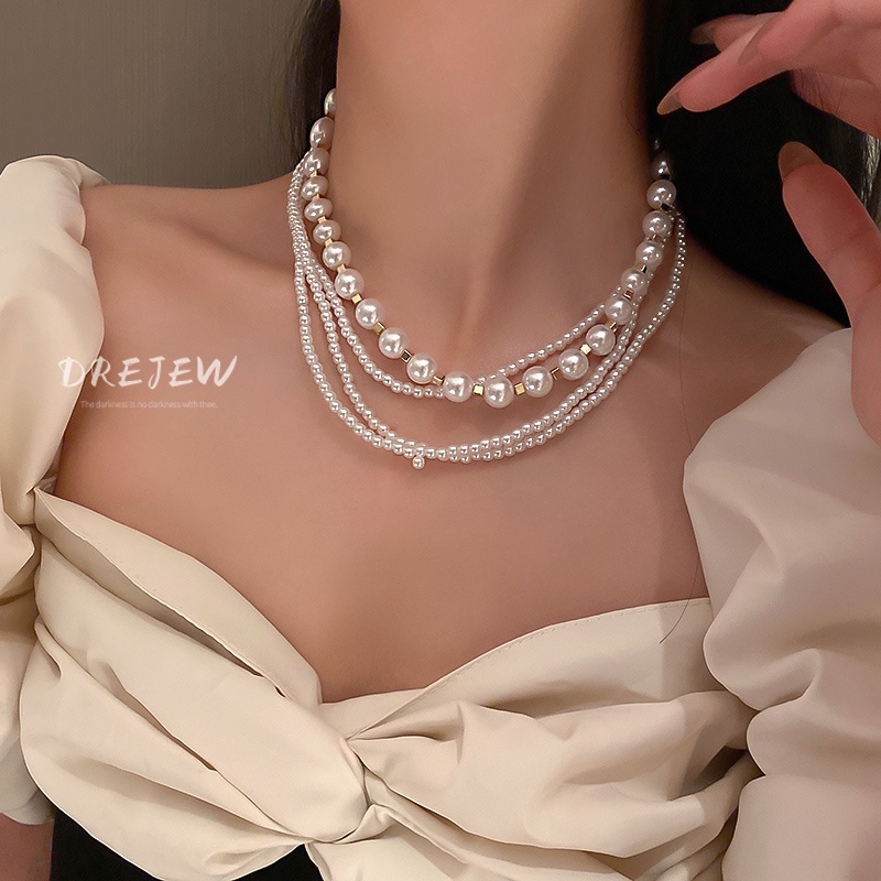DREJEW Dây chuyền nhiều lớp đính ngọc trai thời trang dành cho nữ