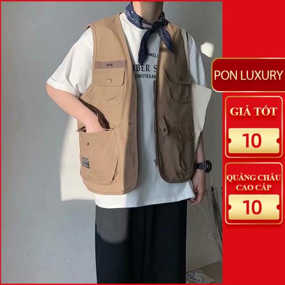 Áo khoác gi lê màu nâu unisex vải thô khóa cài nhựa phong cách Hàn Quốc Quảng Châu Ponluxury hà nội hcm