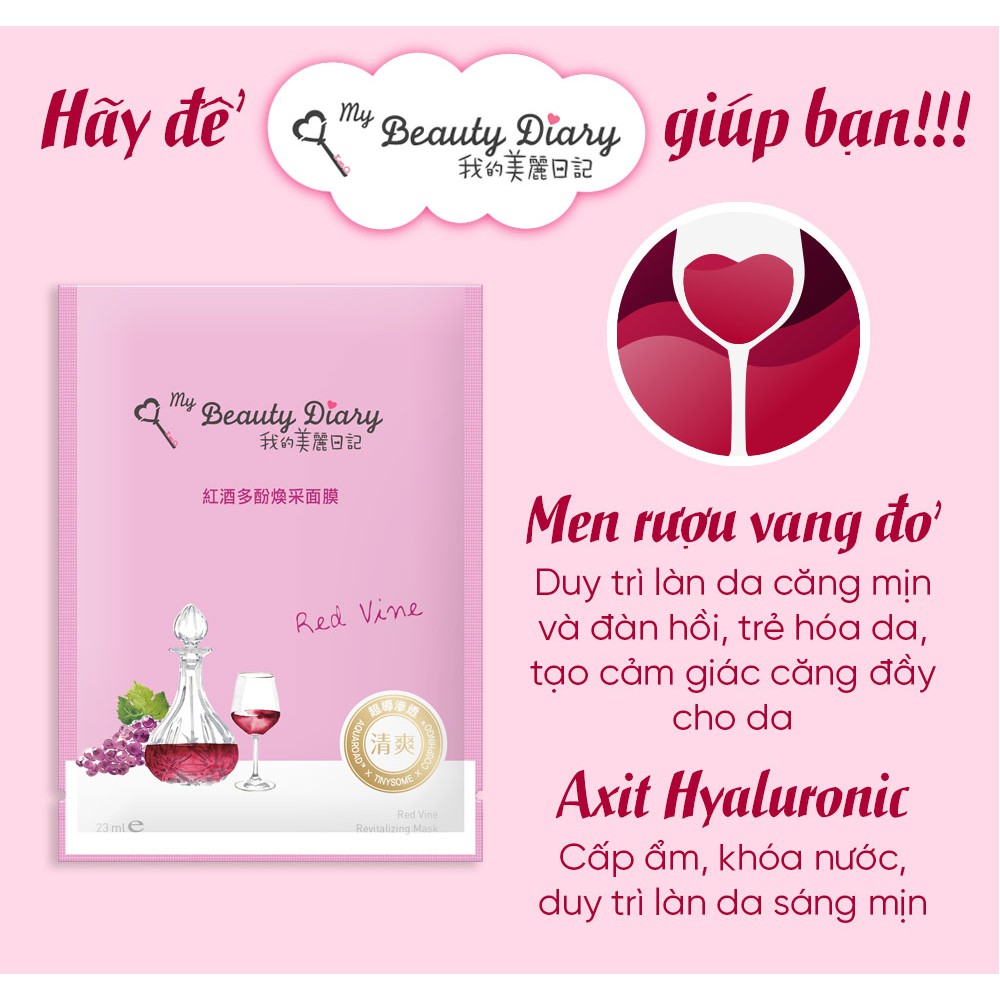 Hộp 8 miếng mặt nạ se khít lỗ chân lông và phục hồi My Beauty DiaryTaiwan Red Vine Revitalizing Mask Vang đỏ 23ml/Miếng