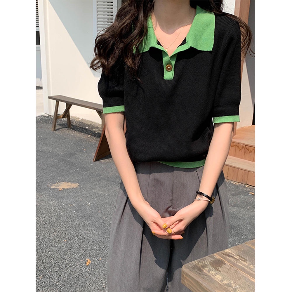 Áo Thun Dệt Kim Tay Ngắn Cổ Bẻ Màu Sắc Tương Phản Phong Cách Retro 49855