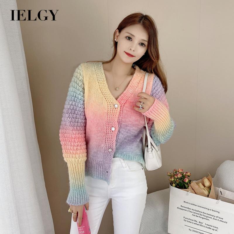 IELGY   Áo Khoác cardigan Dệt Kim Dáng Rộng Màu gradient Dành Cho Nữ