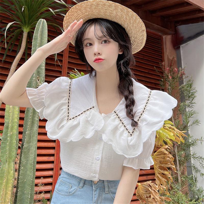 Áo Sơ Mi Trắng Tay Ngắn Cổ Búp Bê Phong Cách Pháp Dành Cho Nữ