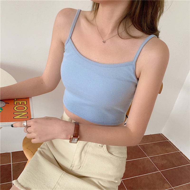Áo Croptop Hai Dây Phong Cách Hàn Quốc Quyến Rũ Cho Nữ Áo Crop Top Thể Thao Hai Dây Co Giãn Màu Trơn Thời Trang Mùa Hè Quyến Rũ Cho Nữ
