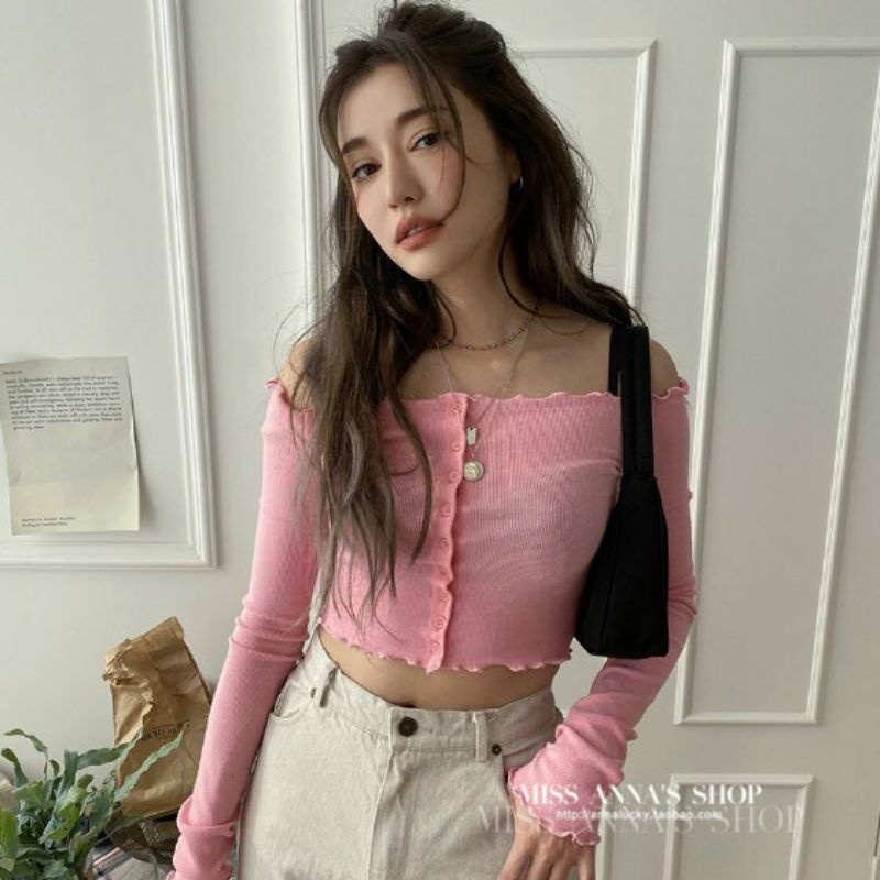 Áo trễ vai khuy croptop hàng QC