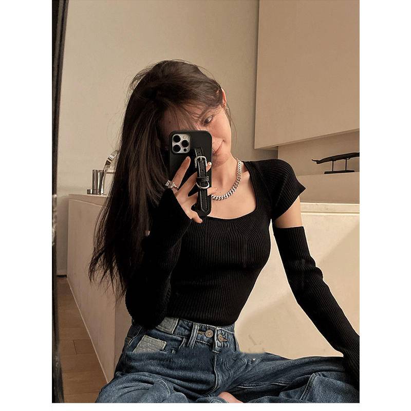 Pháp Áo Sweater Ngắn Dáng Ôm Vừa Vặn Thời Trang Cao Cấp Phong Cách Phương Tây Cho Nữ