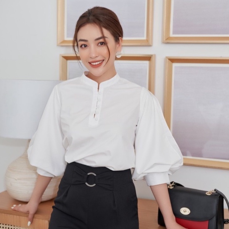 Áo Sơ Mi Công Sở Nữ HeraDG Thiết Kế Cổ Tàu Cài Khuy, Tay Bồng Lỡ Cách Điệu, Chất Liệu Thô Lụa Mềm Mát WAKBA008-S