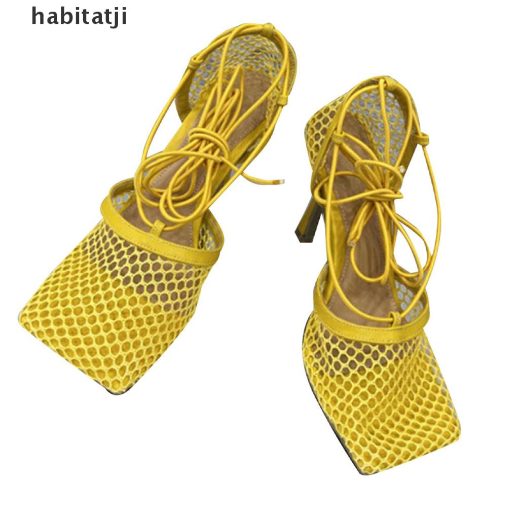 【tji】 2021 New Sexy Yellow Mesh Pumps Sandals Female Square Toe high heel Lace Up Cross-tied Stiletto hollow Dress shoes .