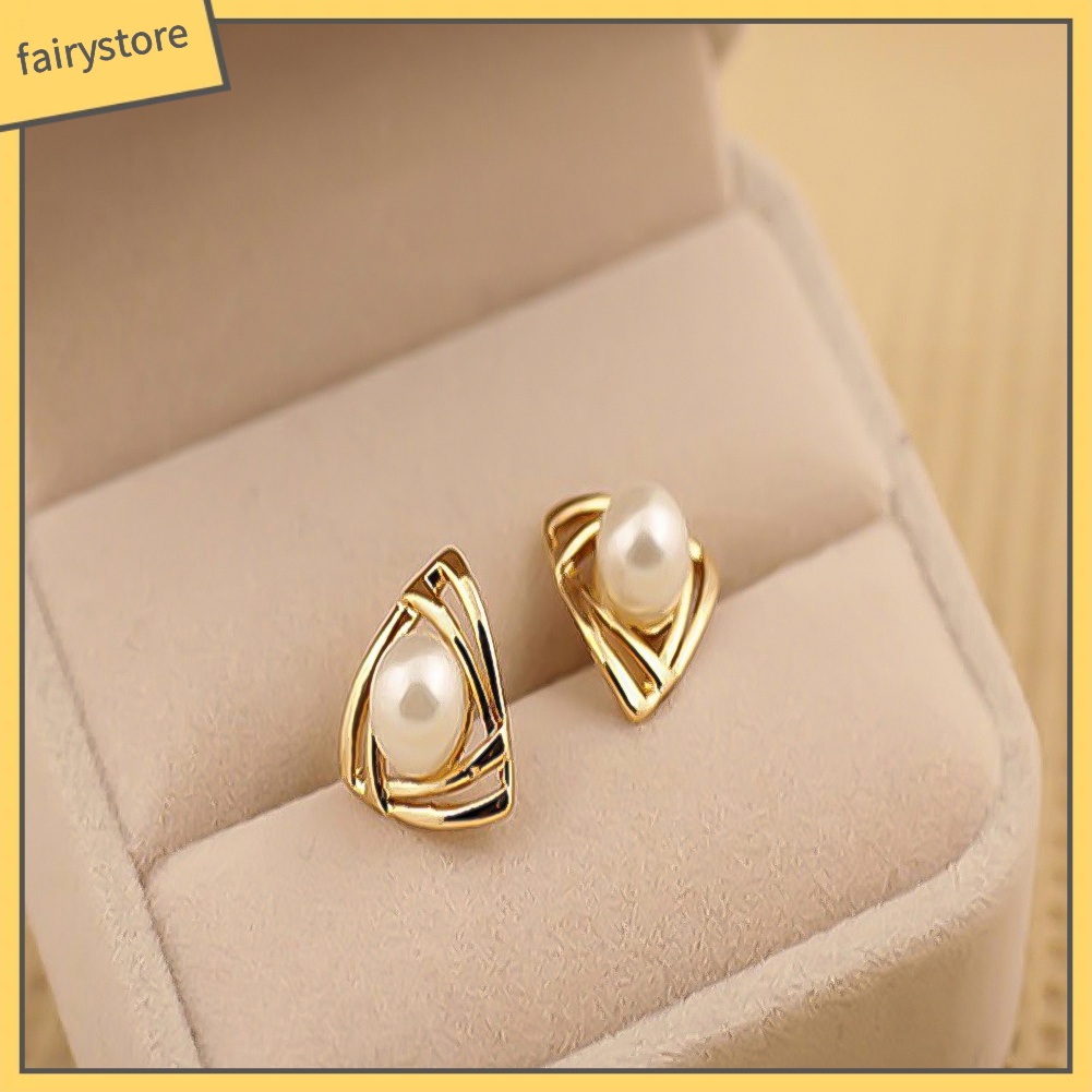 Khuyên tai mặt hình tam giác đính hạt ngọc trai nhân tạo thời trang cho nữ