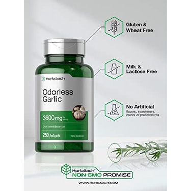 Horbaach Odorless Garlic 3600mg - Viên uống tinh dầu tỏi không mùi hỗ trợ tim mạch, tăng cường miễn dịch 250 viên
