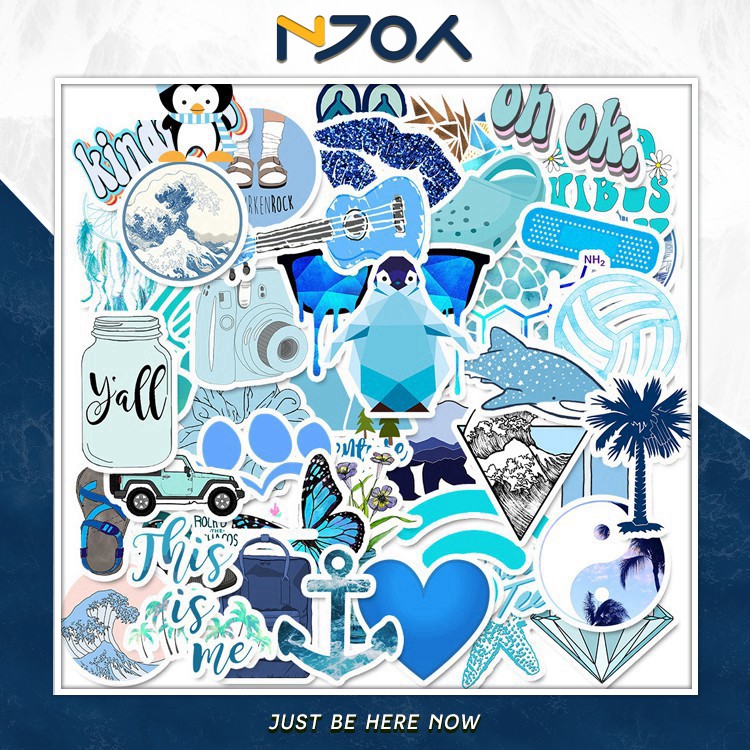 Set 50 Miếng Sticker Dán Xanh Dương Xanh Biên Chống Nước Dán Nón Bảo Hiểm, Laptop, Vali, Tủ, Bàn Học, Xe Máy