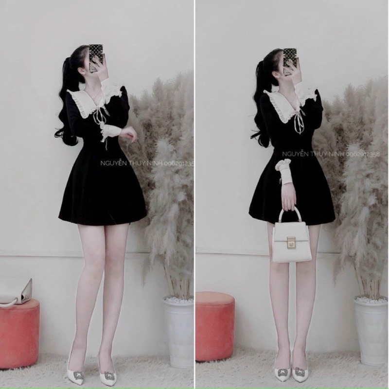 ĐẦM NHUNG ĐEN TD CỔ KEM