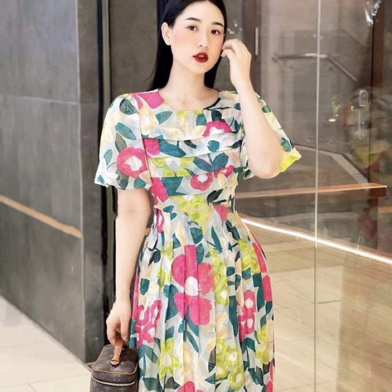 Váy thiết kế voan hoa li ngực eo tay bồng dáng xòe tiểu thư siêu xinh