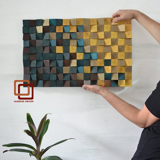 Tranh gỗ trang trí 3D tone XANH VÀNG ẤM ÁP (Wood mosaic) - (KÍCH THƯỚC 30x40 và 40X60cm)