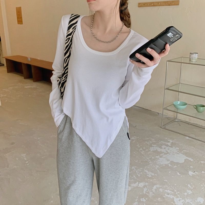 Áo Thun Dài Tay Cổ Tròn Dáng Rộng Thiết Kế Không Đồng Đều Thời Trang Theo Phong Cách Hàn Quốc Cho Nữ
