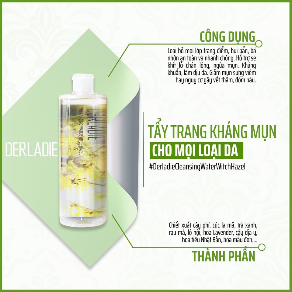 [Chính hãng ]Tẩy trang Derladie Cleansing Water Witch Hazel + tặng kèm son dưỡng